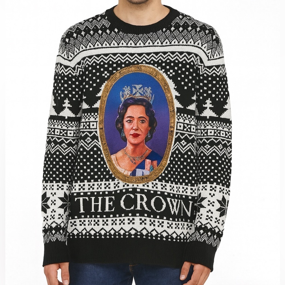 Netflix The Crown Ugly Christmas Sweater Black White Holiday Rare Size Medium